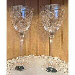 Set Of 2 Ralph Lauren Crystal Wine Glasses Silk Ribbon Criss Cross Dots